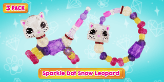 Three Twisty Petz toys from Super Impulse in sparkle, dot, and snow leopard designs, showing colorful, twistable animal figures.