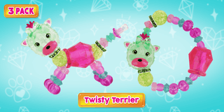 Three Twisty Petz toys, including a terrier, from the Super Impulse Twisty Petz 3 Pack, featuring colorful, twistable pet figures.