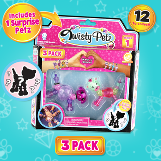 Colorful Twisty Petz 3 Pack toys by Super Impulse featuring twisting animal figures in vibrant shades, displayed together.