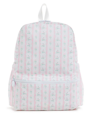 TRVL Designs Backpacker - Ribbon Floral Pink
Backpack with pink and white striped pattern on a white background
