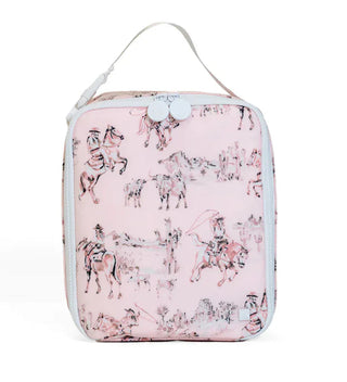 TRVL Designs Insulated Lunch Box - Cowgirl Toile
A light pink zippered lunch bag with a white top handle and a black and gray equestrian pattern of horses and riders, shown against a plain white background.