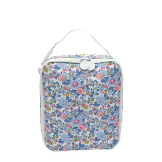 TRVL Designs Lunch Box Insulated Lunch Bag - Bridgehampton Floral
A square-shaped lunch bag with a white top handle, featuring a dense blue, pink, and green floral pattern on a white background, with white piping and a small white tag.