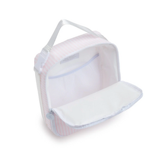 TRVL Designs Lunch Box Insulated Lunch Bag - Ribbon Floral Pink
A small zippered toiletry bag with a white handle, featuring a light pink and white striped exterior and a white interior, shown open on a white background.