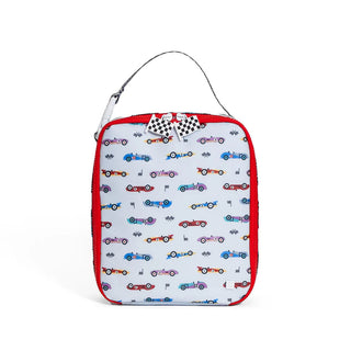 TRVL Designs Lunch Box Insulated Lunch Bag - Vroom
A square-shaped lunch bag with a white background and a colorful pattern of vintage race cars. It features a red zipper border, a black and white checkered flag detail at the top, and a black carrying strap.