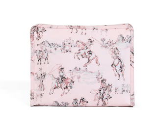 TRVL Designs Roadie Large Zip Pouch - Cowgirl Toile
A light pink zippered pouch featuring an all-over print of classic equestrian paintings with riders on horseback, photographed against a solid white background.
