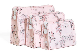 TRVL Designs Roadie Large Zip Pouch - Cowgirl Toile
Four pink zippered pouches with a horse pattern, arranged in a nested set on a white background.