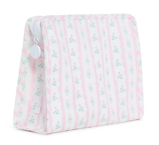 TRVL Designs Roadie Large Zip Pouch - Ribbon Floral Pink
Triangular cushion with pink and white striped pattern on a white background