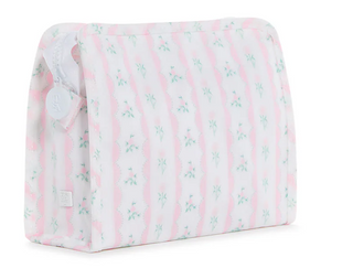 TRVL Designs Roadie Medium Zip Pouch - Ribbon Floral Pink
A soft fabric pouch with a white background, featuring vertical pink stripes and small light green floral motifs. It has a white zipper closure on the left side with a white plastic pull tab.