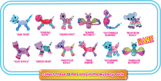 Group of colorful Twisty Petz mystery toy pets from Super Impulse in a packaging display.