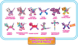 Three Twisty Petz toys from Super Impulse in a colorful 3-pack, featuring playful animal shapes and vibrant designs.