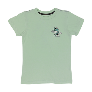 Seafoam Tiny Whales Take It Easy T-shirt displayed with a front view, featuring a casual, relaxed fit design.