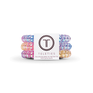 Teleties Eat Glitter For Breakfast Hair Ties - Small
Stack of colorful hair ties with Teleties logo on a transparent background