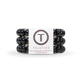 Teleties Jet Black Hair Ties - Large
Black hair ties with a brand label on a white background