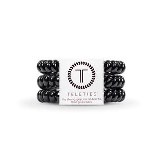 Teleties Jet Black Hair Ties - Small Black hair ties with a Teleties logo on a transparent background