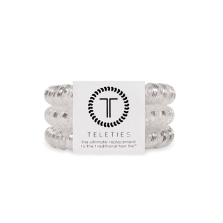 Teleties Silver Slay Hair Ties - Large
Clear hair ties with Teleties branding on a white background
