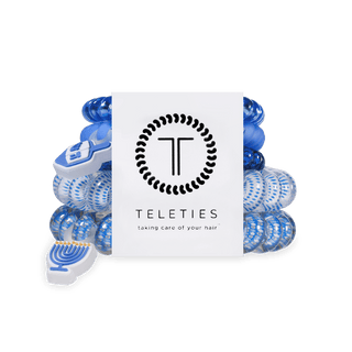 Teleties Spiral Hair Coils Mix Pack: Drop It Like a Dreidel Mix Pack Hair Ties
Blue hair ties stacked with a Teleties branded card on a white background