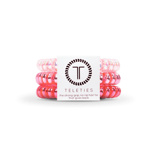 Teleties Think Pink Hair Ties - Small
Stack of pink hair ties with 'Teleties' branding on a transparent background