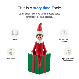 Tonies Character: The Elf on the Shelf
Tonie character in a red outfit with a white hat on a green box, surrounded by icons and text about features.