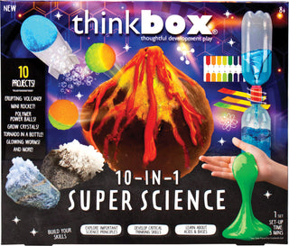 Think box 10-in-1 Super Science Set
Thinkbox 10-in-1 Super Science toy kit box packaging, featuring a volcano erupting with orange lava, colorful science project icons, and a hand holding a green glowing crystal mold.