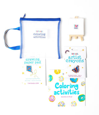 Tiny Easel Color-N-Go Set
Artistic activity set with coloring paper pad, crayons, and pouch on a white background