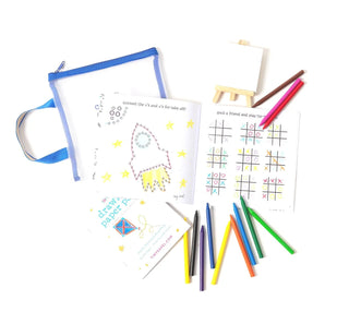 Tiny Easel Color-N-Go Set
Coloring book with a plastic bag, markers, and coloring sheets on a white background