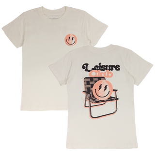 Front and back view of Tiny Whales Leisure Club Tee in natural color, casual cotton T-shirt with logo design.