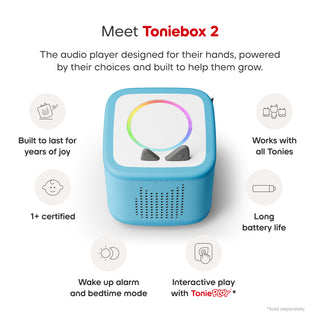 Disney Winnie the Pooh Toniebox 2 Full Play Set - Sky Blue
Toniebox 2 audio player with features listed on a white background
