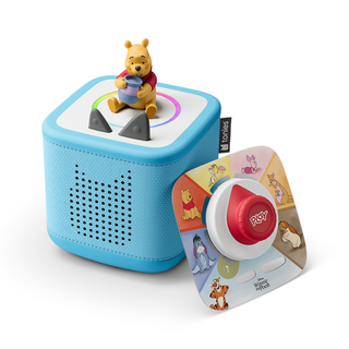 Disney Winnie the Pooh Toniebox 2 Full Play Set - Sky Blue
Toy with a bear figure on top, blue base, and a circular control with 'Play' button, featuring Disney characters.