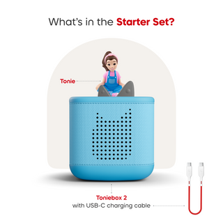 Ms. Rachel Toniebox 2 Starter Set - Sky Blue 
Toniebox 2 with USB-C charging cable and Tonie toy on a white background