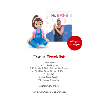 Ms. Rachel Toniebox 2 Starter Set - Sky Blue
Tonie character with packaging and tracklist on a white background