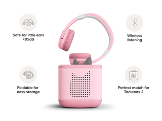 Tonies Bluetooth Headphones: Cloud Pink
Pink headphones with a case, featuring icons and text about safety, wireless listening, foldability, and compatibility.