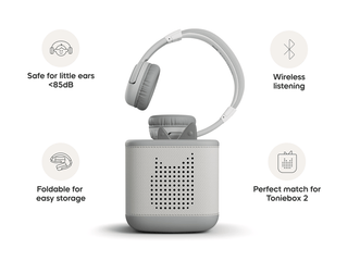 Tonies Bluetooth Headphones: Moon Gray
Gray headphones and speaker with features listed on a white background