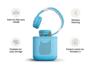Tonies Bluetooth Headphones: Sky Blue
Blue headphones with case on a white background, featuring text about safety, wireless listening, foldability, and compatibility.