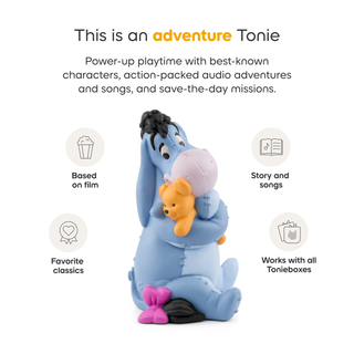 Tonies Character - Disney Winnie the Pooh: Eeyore
Toy figure of a character holding a bear, with text about adventure Tonie features on a white background.