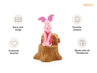 Tonies Character - Disney Winnie the Pooh: Piglet
Toy figure of a pink character sitting on a tree stump with features listed around it.