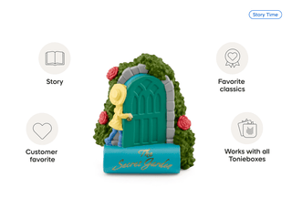 Tonies Character - The Secret Garden
Toy door with character, surrounded by icons and text on a white background