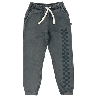 Tiny Whales Totally Chill Sweatpants - Mineral Black 
Gray sweatpants with a checkered pattern on a white background