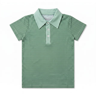 A children's short-sleeve polo shirt in sage green with thin white horizontal stripes, featuring a matching collar and three-button placket, shown flat against a white background.