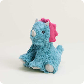 Triceratops Warmies Junior
Blue plush toy with pink hair and white accents on a light gray background