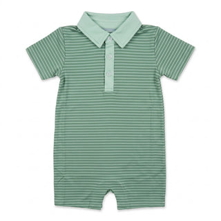 Hollis Baker Tripp Romper - Green Stripe
A baby short-sleeve romper in sage green with thin white horizontal stripes, featuring a matching green collar and three-button placket.