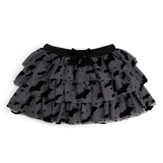 Sweet Wink Flocked Bats Halloween Bow Tiered Tutu
Black tulle skirt with bat pattern on a white background