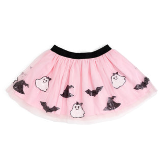 Sweet Wink Spooky Babe Sequin Halloween Tutu
Pink tutu skirt with Halloween-themed black and white graphics on a white background