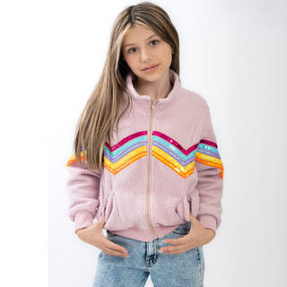 Tweenstyle Rainbow Sequin Trim Zip Front Dusty Rose Sherpa Jacket
Pink fleece jacket with colorful stripe pattern worn by a person on a white background