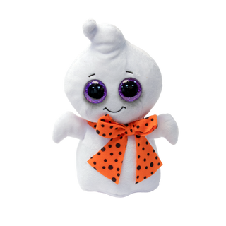 Ty Carrie the Ghost Beanie Babies
A white plush ghost toy with large purple-rimmed eyes, a stitched smile, small wings, and an orange bow with black polka dots on a black background.