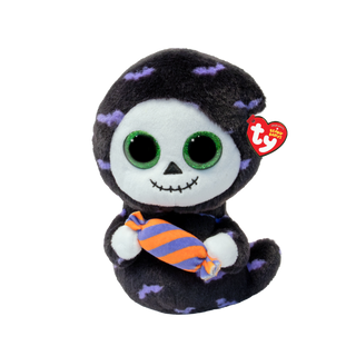 Ty Spookums the Ghost Beanie Babies
Ty Beanie plush toy of a skeleton character dressed in a black robe with purple bat patterns, holding an orange and blue striped candy, on a white background.