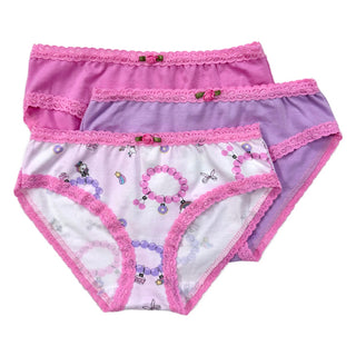 Esme 3pc Panty Set - Charm Bracelets
Set of two children's underwear with pink and purple trim on a white background