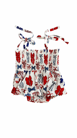 In My Jammers Red White & Blue Bows Smocked Twirl Romper
