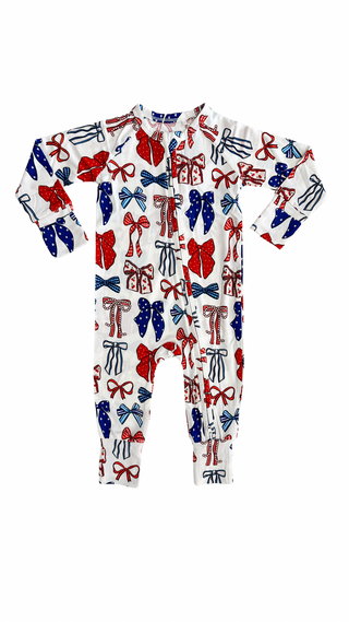 In My Jammers Red White & Blue Bows Zipper Romper