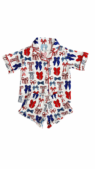 In My Jammers Red White & Blue Bows Kids Button Up Short Set