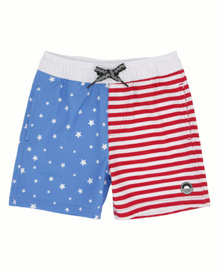 Blue Feather 4 Arrow Volley Trunk swim trunks with a feather and arrow print, designed for comfortable beach or poolside wear.